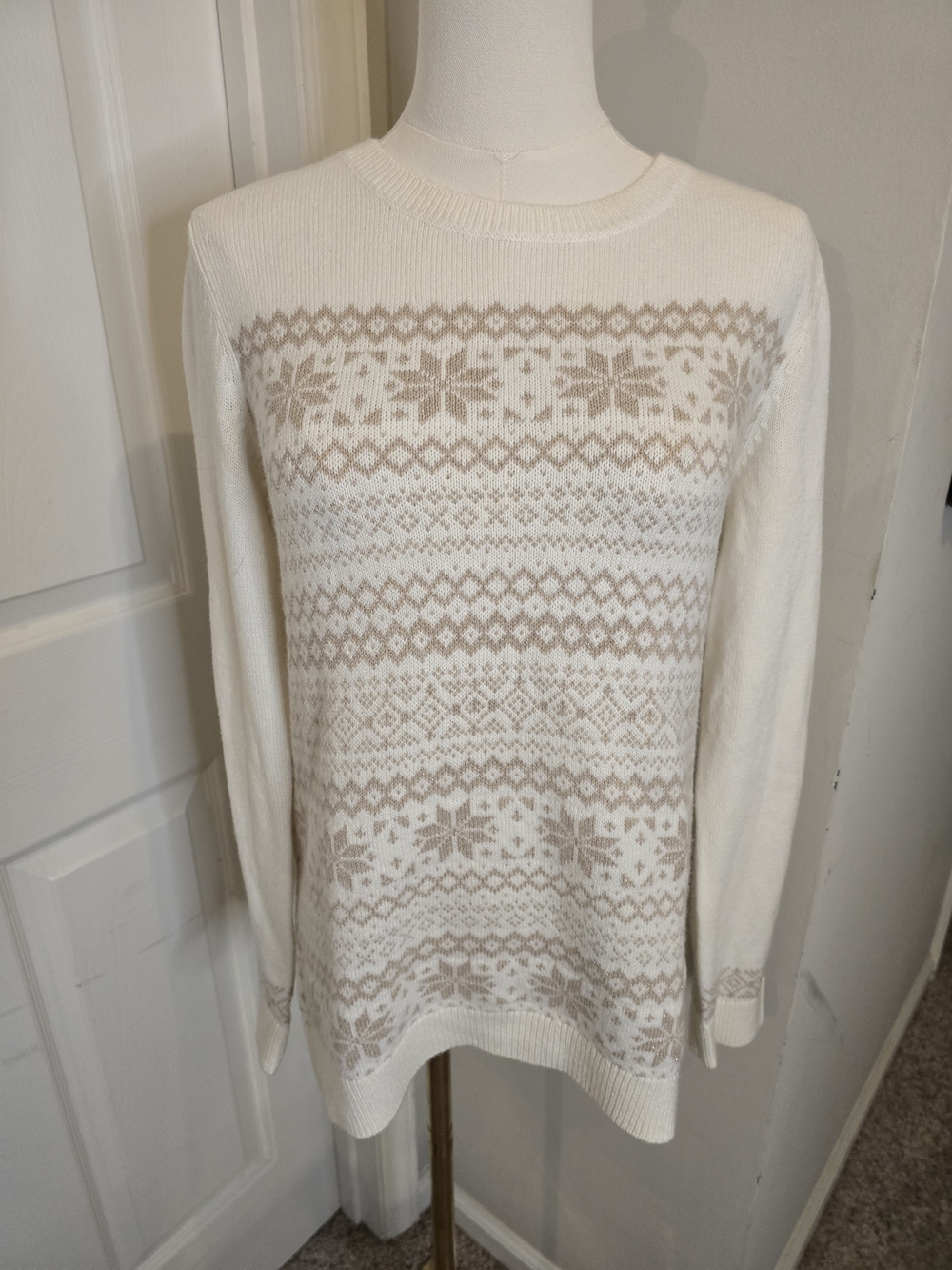 Talbots Cream Fair Isle Crewneck Sweater with Tan Pattern